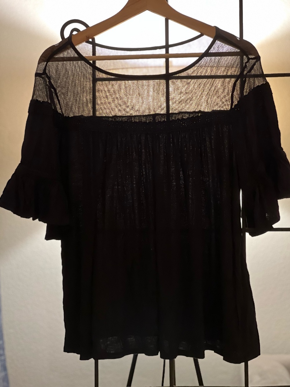 Black Sheer Yoke Flutter Sleeve Boho Top